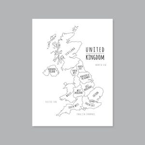 May include: A black and white print of the United Kingdom map, with regions labeled. The text "UNITED KINGDOM" is at the top, with "NORTH SEA", "CELTIC SEA", and "ENGLISH CHANNEL" also labeled. The map includes Northern Ireland and Scotland.
