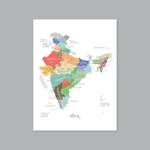 India-kaart met staten, AFDRUKBARE Indiase provincies, India Capital State-kaart, gelabelde India-kaart, modern interieur (#P582)