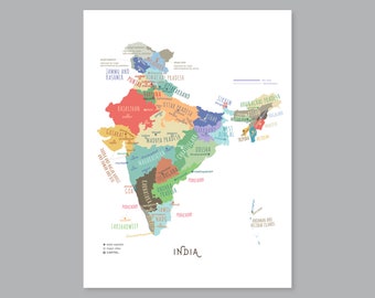 India Map with states, PRINTABLE India Provinces, India Capital State map, Labeled India Map, Modern home decor (#P582)