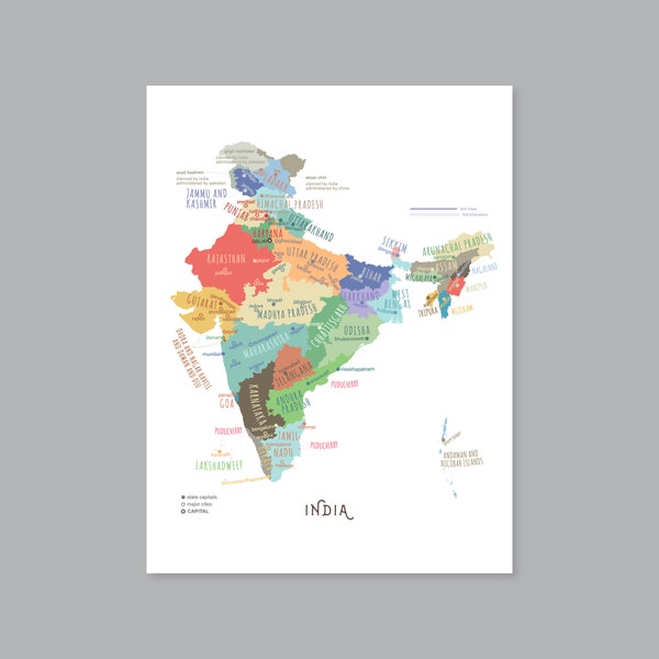 India Map with states, PRINTABLE India Provinces, India Capital State map, Labeled India Map, Modern home decor (#P582)