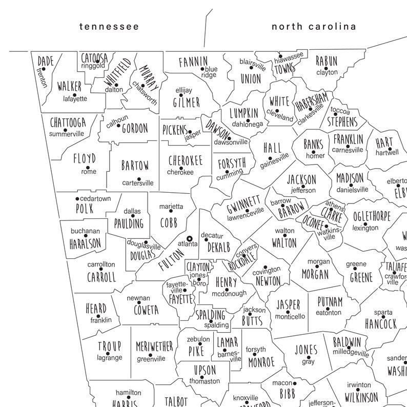 Georgia Map Art, PRINTABLE Georgia County Map GA, Georgia Countries Map ...