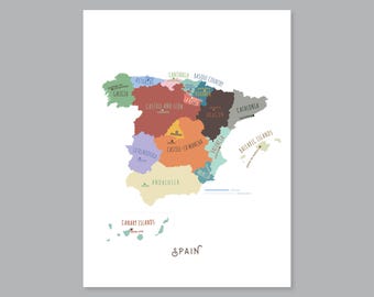 Impresión del mapa de España: Estados y capitales, decoración moderna (descarga digital) #P572B