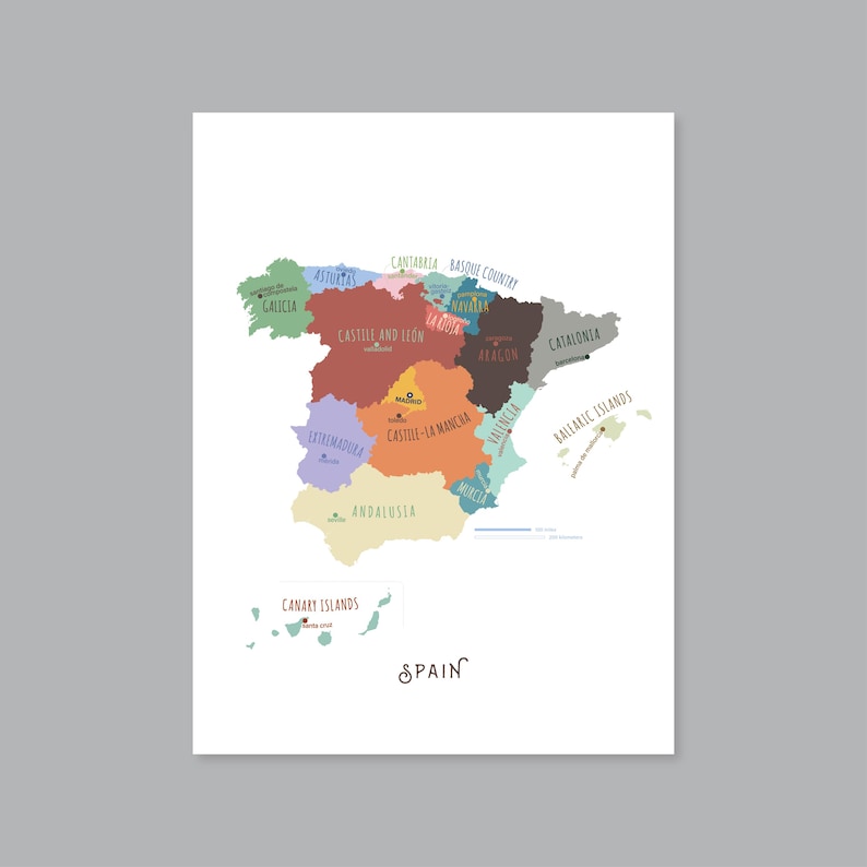 Spain Map, PRINTABLE Spain States and Capitals, Labeled Spain Map With Capital, Modern Home ...