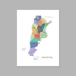 Argentinien Karte, DRUCKBARE Argentinien Provinz und Hauptstädte, beschriftete Argentinien Karte mit Hauptstadt, modernes Wohndekor (#P587)