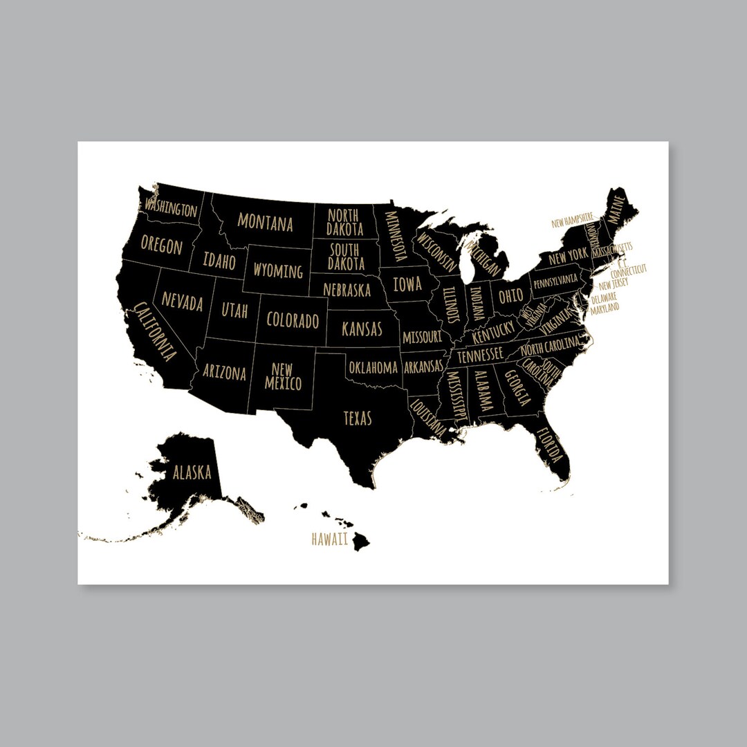 United States Map Wall Art, PRINTABLE United States Map Print, Black ...