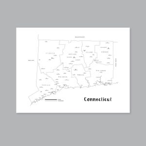 Connecticut map art, PRINTABLE Connecticut county map TN, Connecticut state map, Modern home decor (#P546)