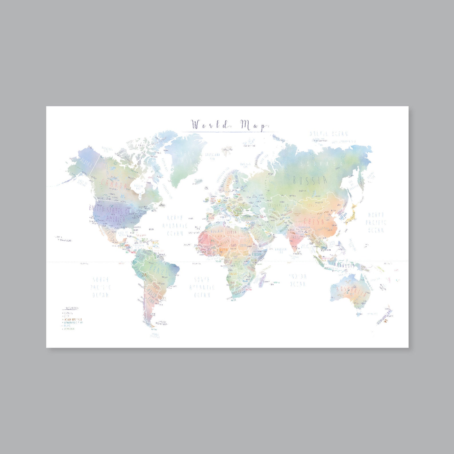 World Map With Countries, PRINTABLE Map of the World Wall Art ...