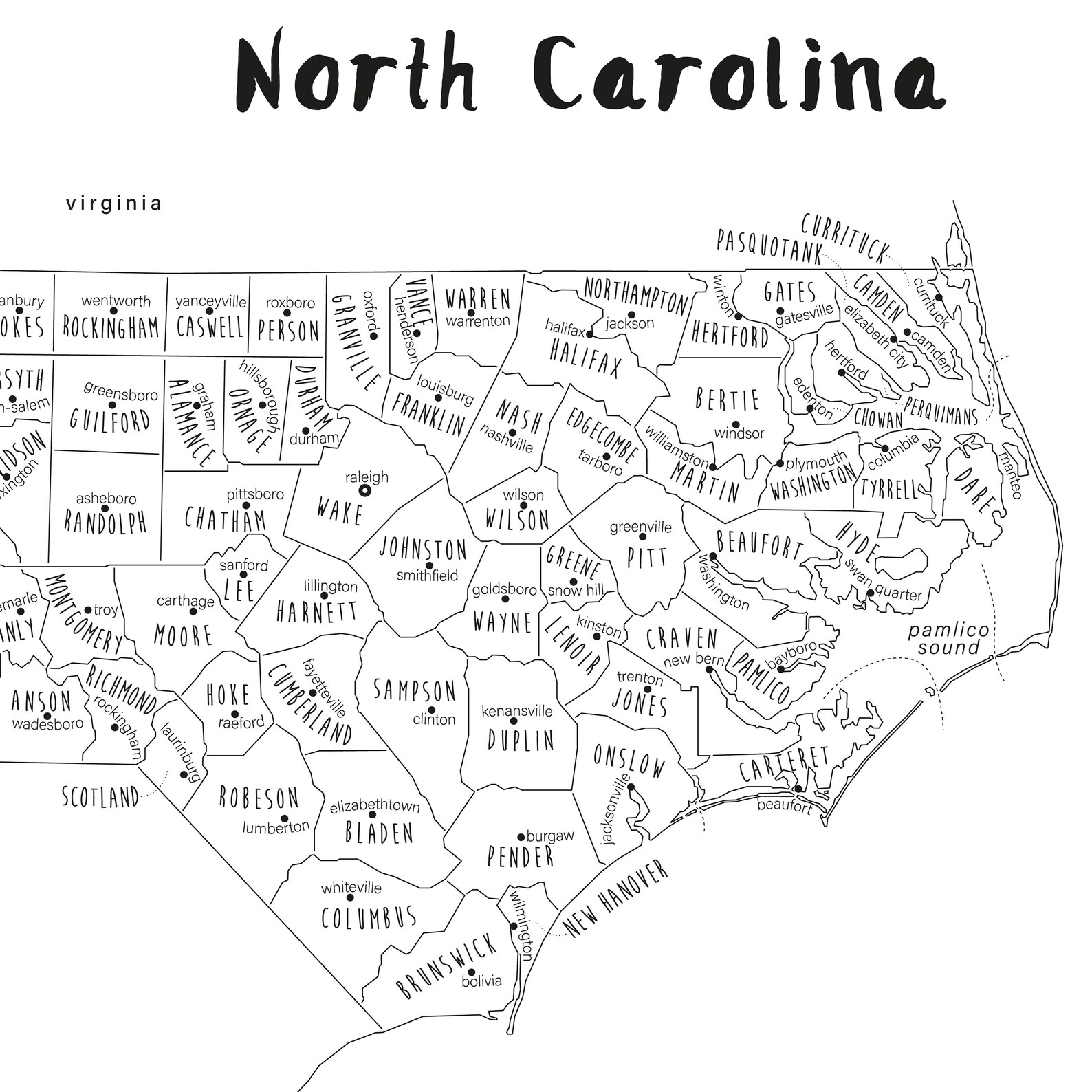 North Carolina Map Art, PRINTABLE North Carolina Countries Map NC, North Carolina State Map ...