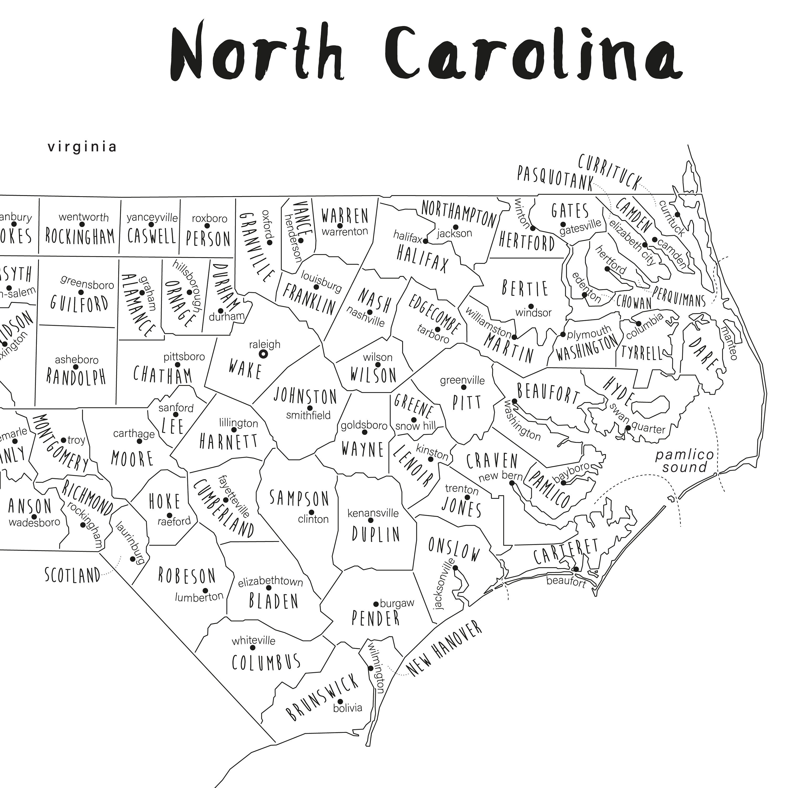 North Carolina Map Art, PRINTABLE North Carolina Countries Map NC ...