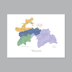 Mappa del Tagikistan, Mappa della contea del Tagikistan STAMPABILE, Mappa del Tagikistan etichettata, Arredamento moderno per la casa r (#P603)