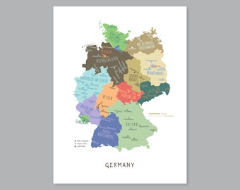 Mappa della Germania, Stati e capitali della Germania STAMPABILE, Mappa della Germania etichettata con capitale, Arredamento moderno per la casa (#P571)