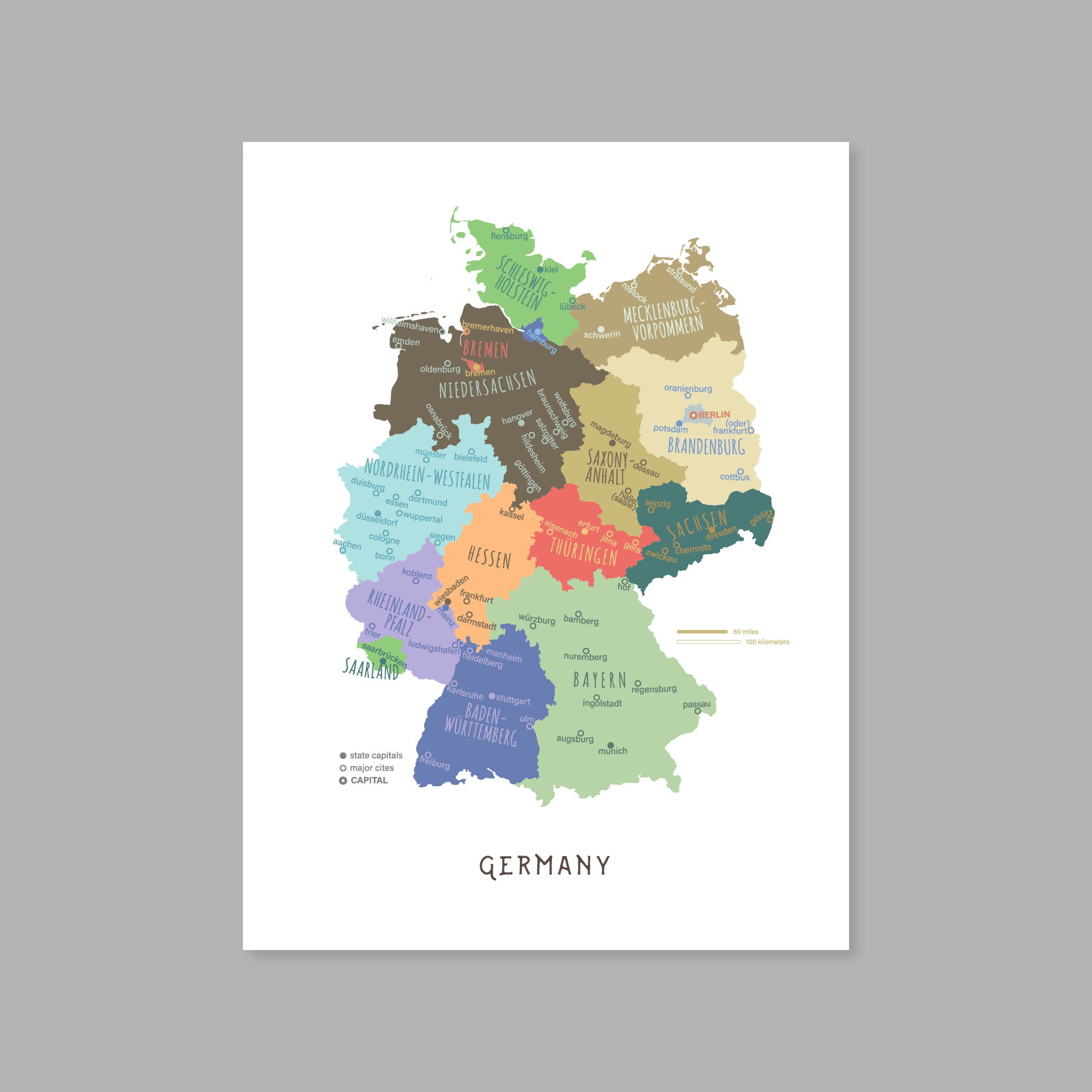 Germany Map, PRINTABLE Germany States and Capitals, Labeled Germany Map With Capital, Modern Home Decor (#P571) - Etsy for Free Printable Map Of Germany With Cities And Towns
