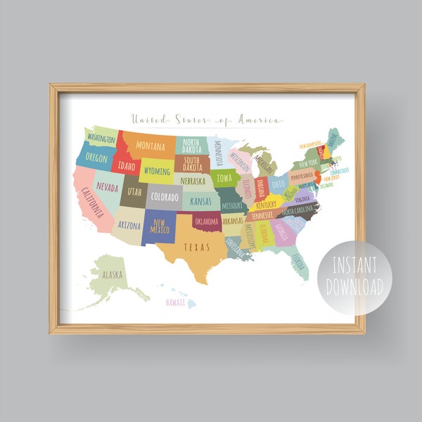 United States Map Wall Art, PRINTABLE United States Map Print, Usa Map Wall Art, USA Map for Kids, Home Kids Room Decor (#P392)