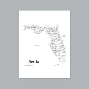 Mappa artistica della Florida, mappa dei paesi della Florida STAMPABILE FL, mappa dello stato della Florida, mappa dello stato della Florida, arredamento moderno per la casa (#P507)