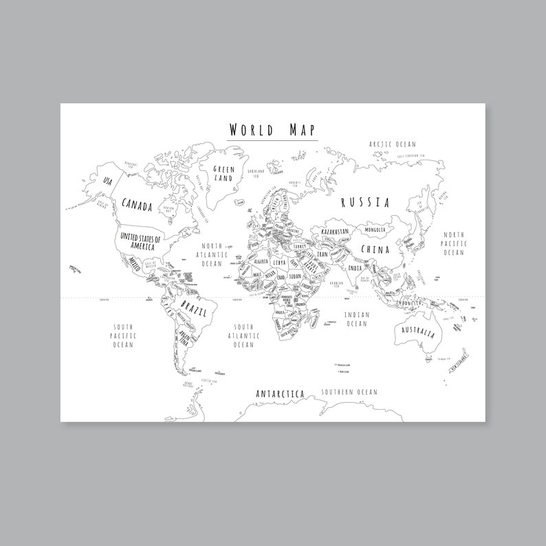 World Map With Countries PRINTABLE Map of the World Wall Art | Etsy