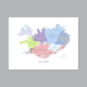 Island Landkarte, DRUCKBARE Island Regionen und Hauptstädte, beschriftete Island Karte, modernes Wohndekor (#P632)
