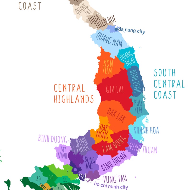 Vietnam Map Region, PRINTABLE Vietnam Provinces, Labeled Vietnam Map, Modern home decor P576 image 4