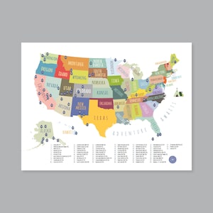 Carte des 63 parcs nationaux des États-Unis, carte des parcs nationaux des États-Unis à imprimer, décoration de la maison pour chambre d'enfant, 63 parcs nationaux (#P395)