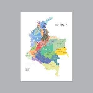 Kolumbien Karte, DRUCKBARE Kolumbien Provinz und Hauptstädte, gekennzeichnete Kolumbien Karte mit Hauptstadt, modernes Wohndekor (#P593)