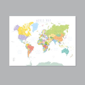 Carte du monde avec les pays, carte du monde imprimable, art mural chambre d'enfant, décoration moderne (#P426)