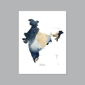 India Watercolor Map with Major Cities - Digital Download, Printable India Map, Modern India Home Decor (#P703)
