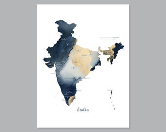 Mapa de la India en acuarela: Principales ciudades para decoración del hogar (descarga digital, archivos JPG/PDF incluidos).