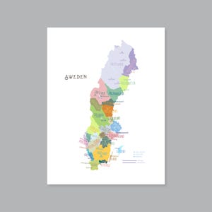 Mapa da Suécia, Províncias e capitais da Suécia PARA IMPRIMIR, Mapa da Suécia rotulado, Sverigekarta, Decoração moderna para casa (#P581)