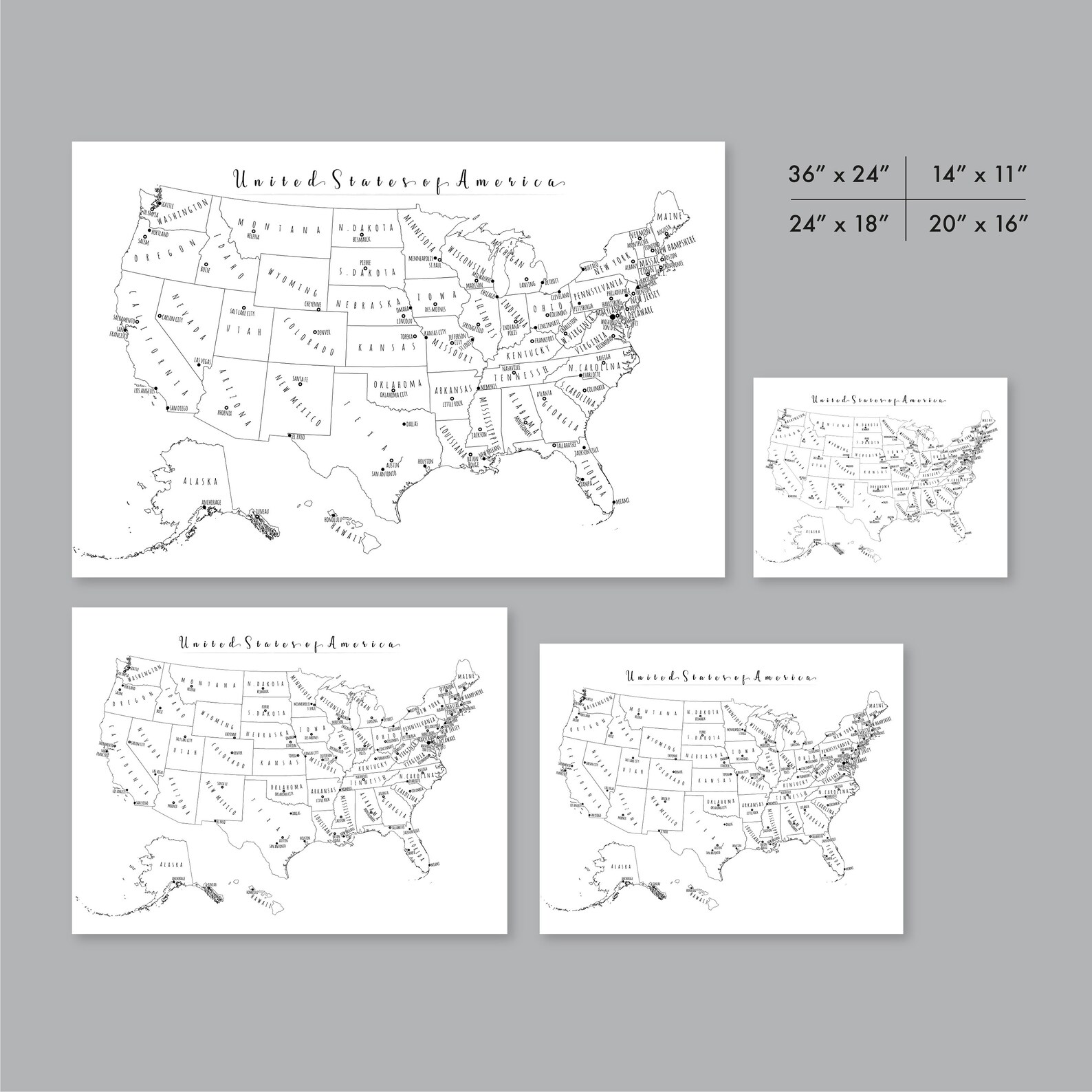 US Map Wall Art PRINTABLE United States Map Print Black and Etsy