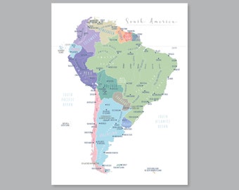 May include: A colorful map of South America, with each country distinguished by a different pastel color. The map includes country names and major cities. The title "South America" is written in a cursive font.
