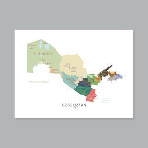 Usbekistan Karte, beschriftete Usbekistan Provinzen Karte, modernes Wohndekor (#P635)