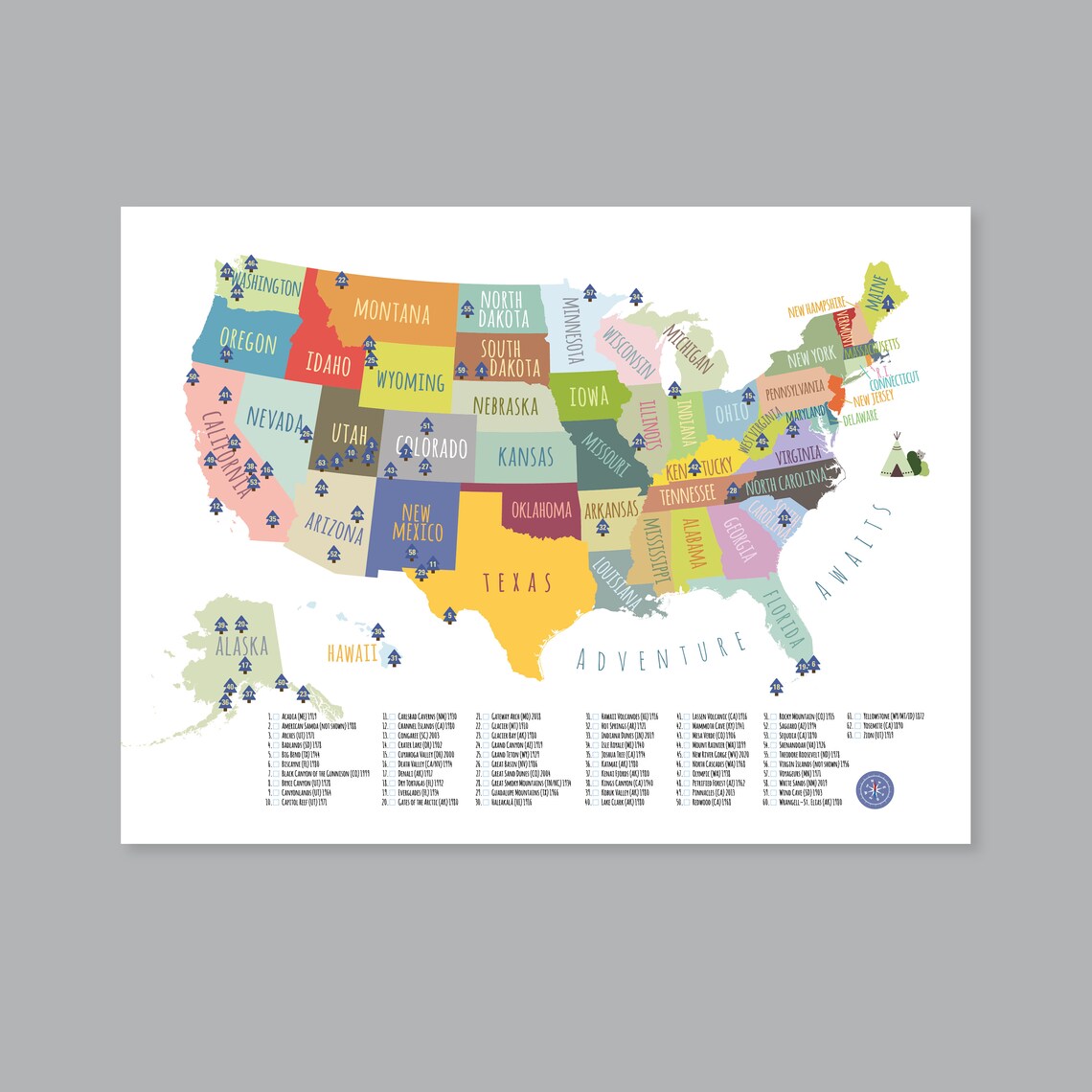 63 National Parks Map Usa Printable Adventure Awaits Us Etsy