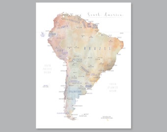 Watercolor South America Map Print: Kids Room Decor (Digital Download)