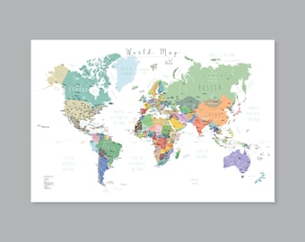 May include: A colorful world map print with country borders and ocean names. The map is labeled "World Map" in a handwritten font. The map features a variety of colors for each country and is set against a white background.