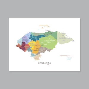 Honduras Map Art, DRUCKBARE Abteilungen und Hauptstädte von Honduras, beschriftete Honduras-Karte mit Hauptstadt, modernes Wohndekor (#P624)