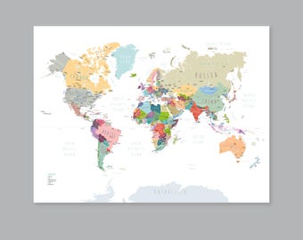Affiche carte du monde, carte du monde imprimable avec les pays, art mural carte du monde chambre d'enfant, décoration d'intérieur moderne (#P455)