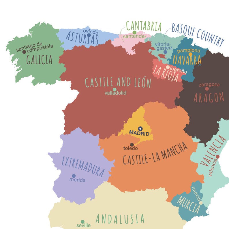 Spain Map, PRINTABLE Spain States and Capitals, Labeled Spain Map With Capital, Modern Home ...