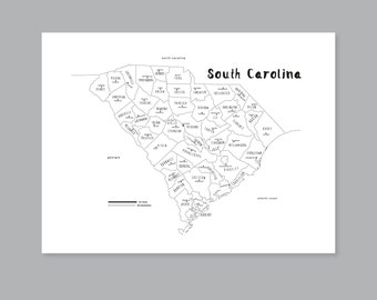 South Carolina map art, PRINTABLE South Carolina countries map SC, South Carolina state map, Modern home decor (#P516)