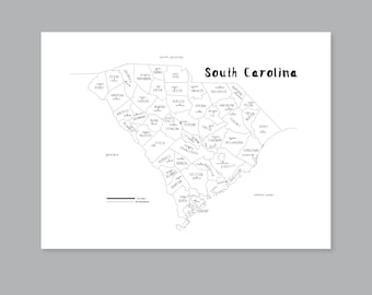 South Carolina map art, PRINTABLE South Carolina countries map SC, South Carolina state map, Modern home decor (#P516)