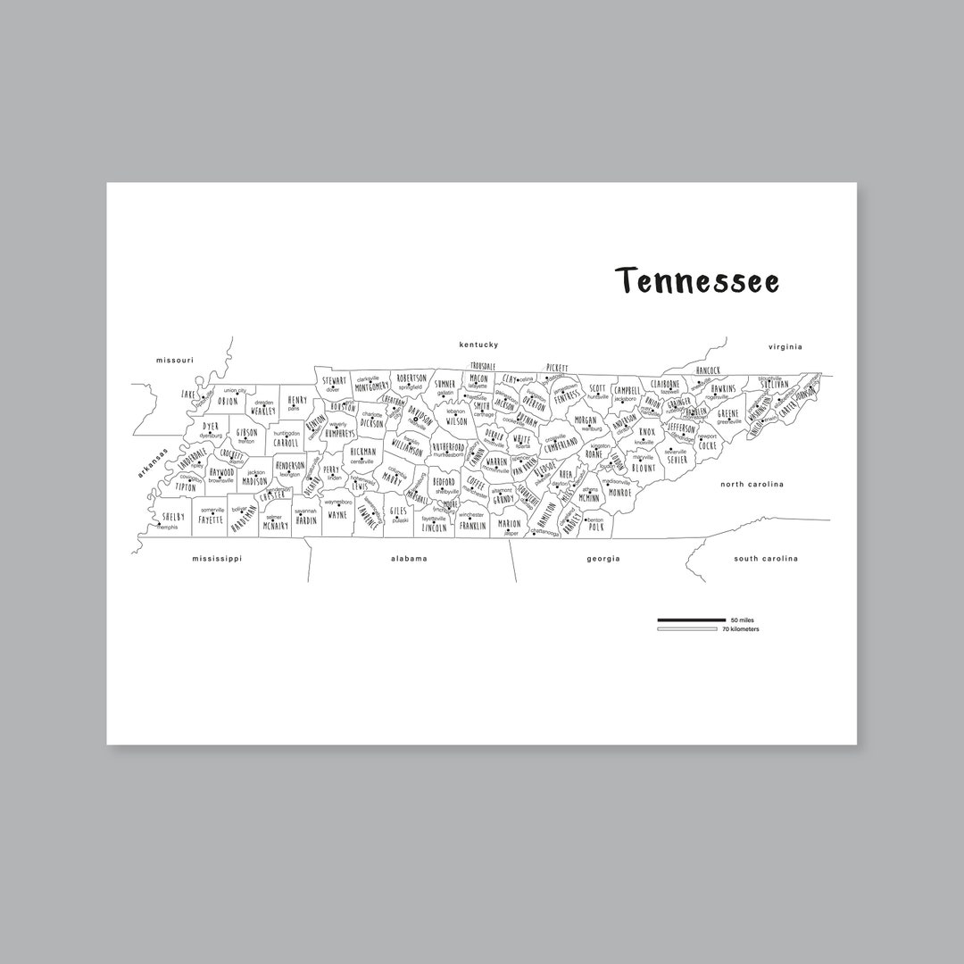 Tennessee Map Art, PRINTABLE Tennessee County Map TN, Tennessee State ...