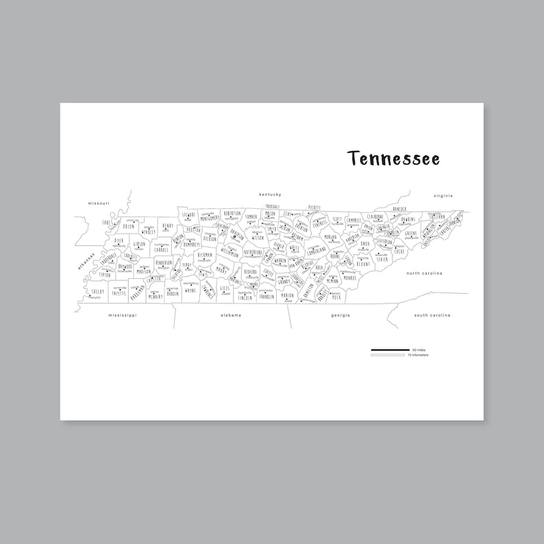 Tennessee Map Art, PRINTABLE Tennessee County Map TN, Tennessee State ...