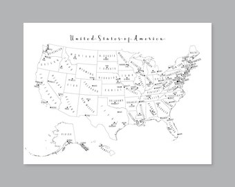 US Map Wall Art, PRINTABLE United States Map Print, Black and White Map Wall Art, USA Map for Kids, Home Kids Room Decor (#P482)