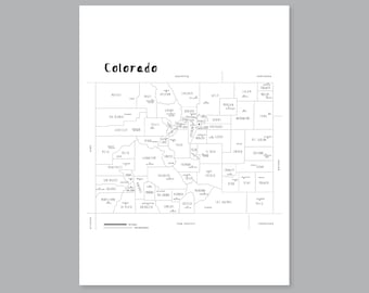 Colorado kaart kunst, afdrukbare Colorado County kaart GA, Colorado landen kaart poster, kaart van de staat Colorado, modern interieur (#P541)