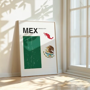 Póster de la bandera de México: arte mural imprimible, impresión minimalista del mapa de México, decoración de viaje, ilustración vintage de la bandera (#F106)
