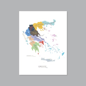 Griechenland Karte, DRUCKBARE Griechenland Regionen und Hauptstädte, gekennzeichnete Griechenland Karte, moderne Wohnkultur (#P580)