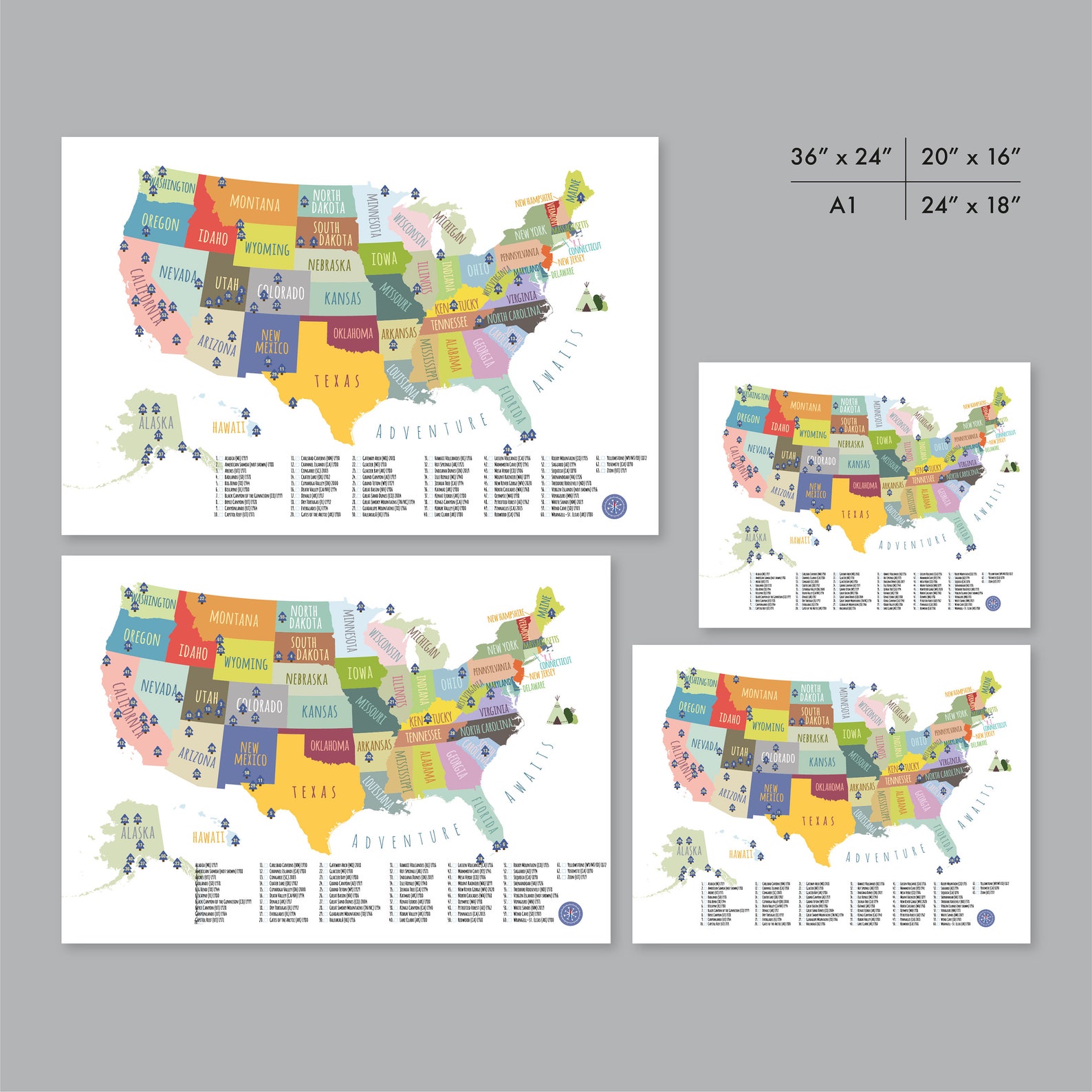 63 national parks map usa printable adventure awaits us etsy