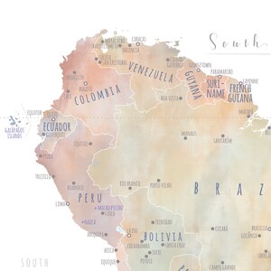 May include: Watercolor map of South America with country names and major cities labeled in a soft, muted color palette. The map includes the Galapagos Islands, Ecuador, Peru, and Brazil.