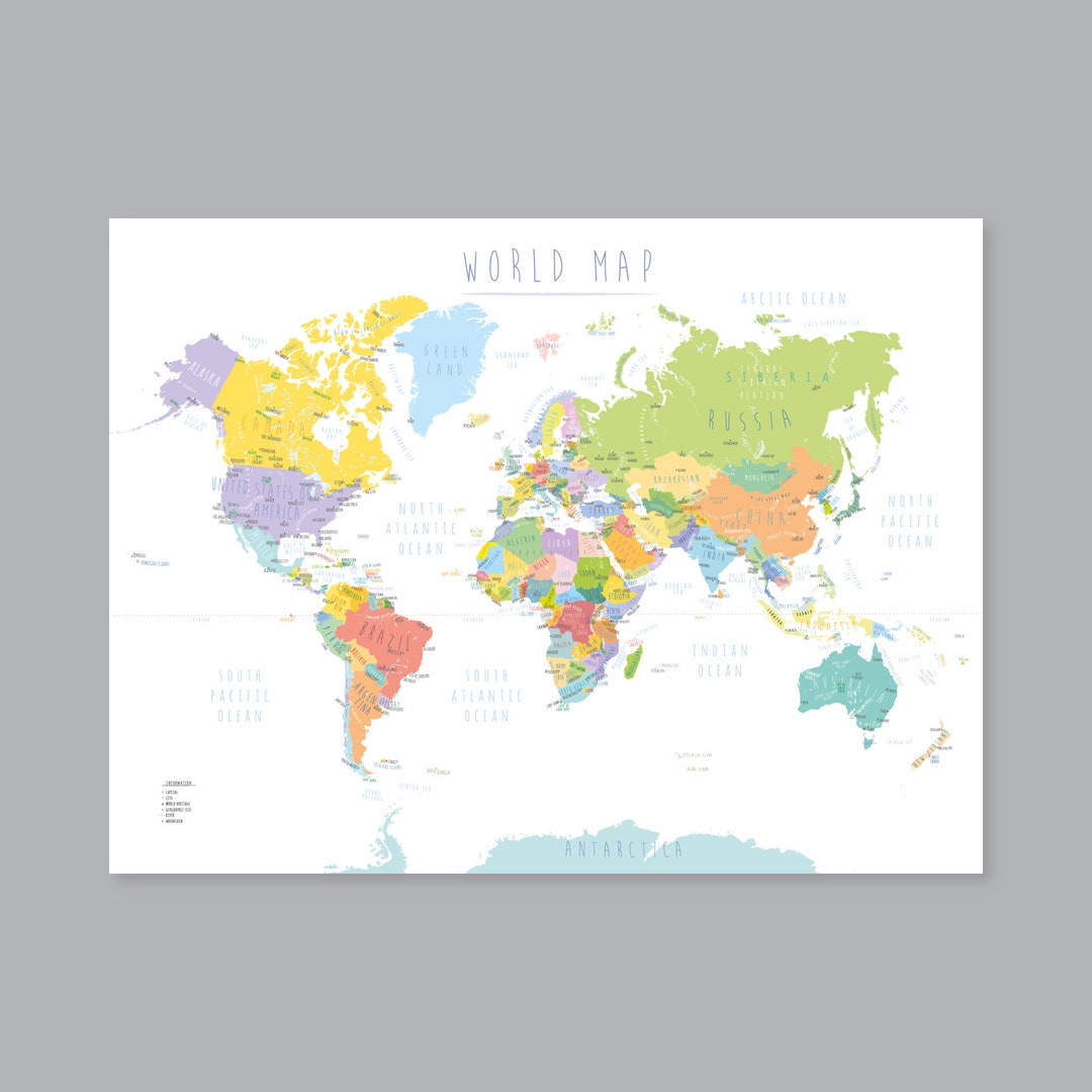 World Map With Countries, PRINTABLE Map of the World Wall Art Kid ...