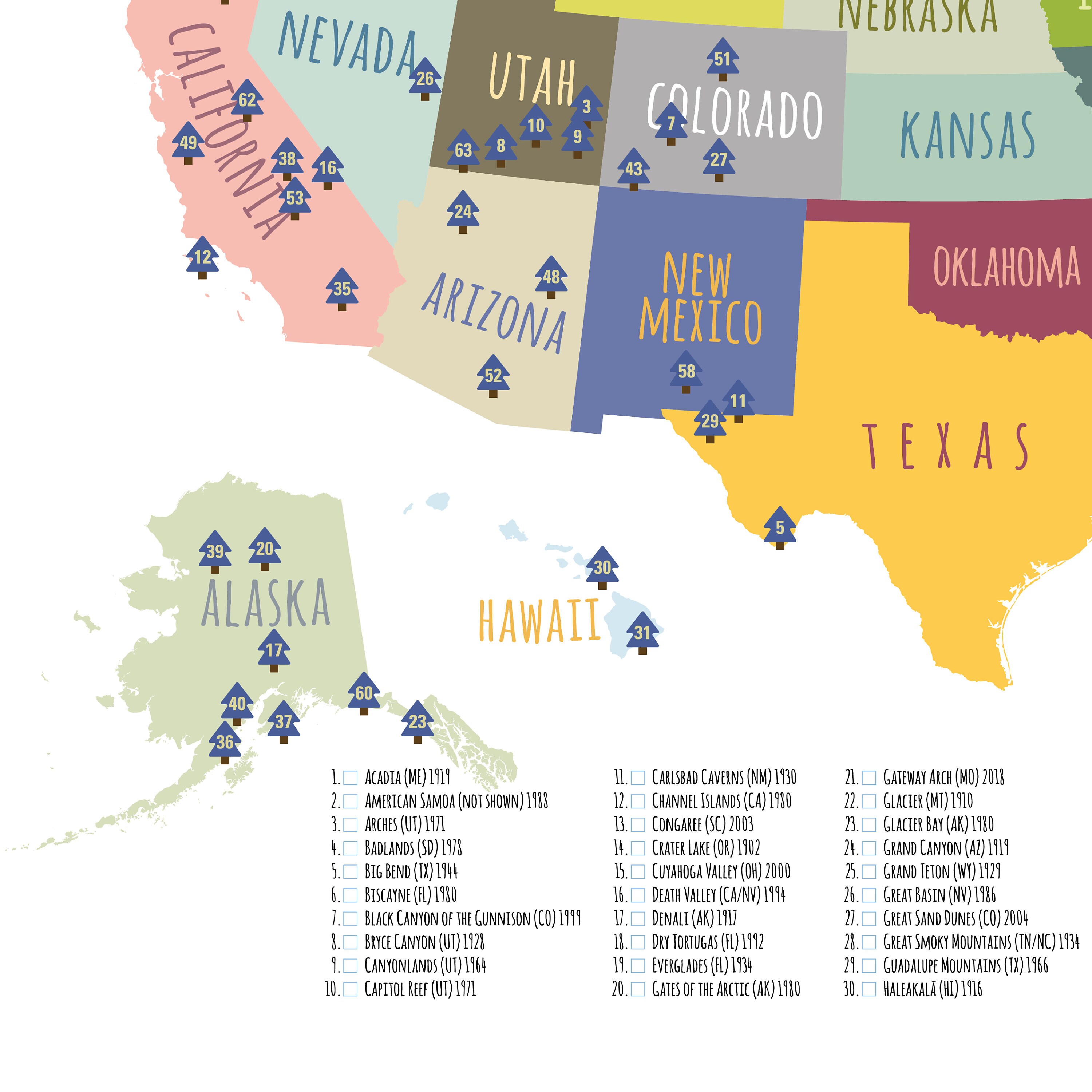 63 national parks map usa printable adventure awaits us etsy