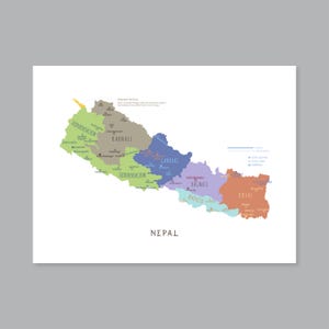 Mapa de Nepal, mapa imprimible de las provincias de Nepal, mapa de Nepal etiquetado, decoración moderna para el hogar (#P633)