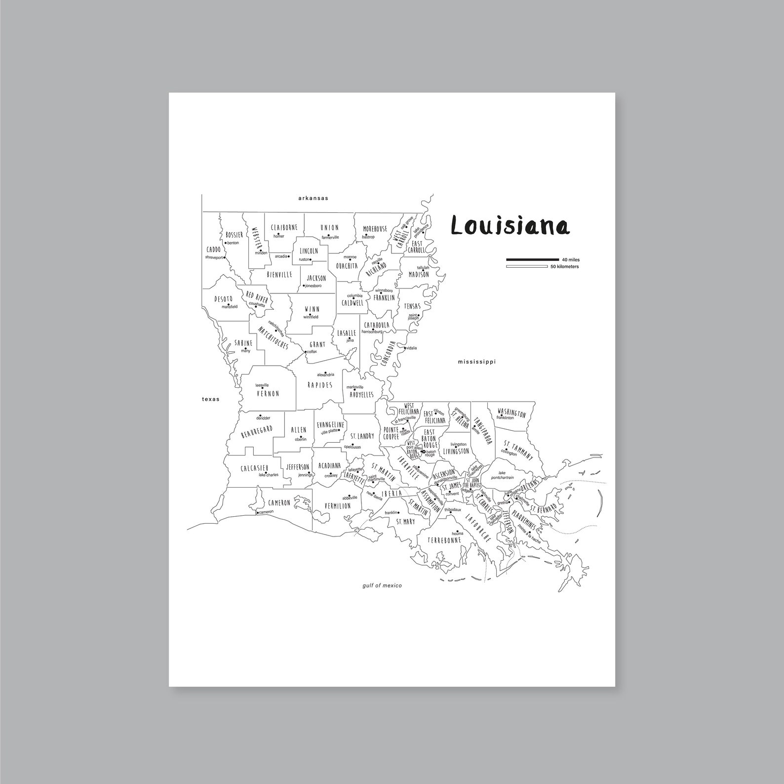 Louisiana Map Art, PRINTABLE Louisiana County Map LA, Louisiana ...